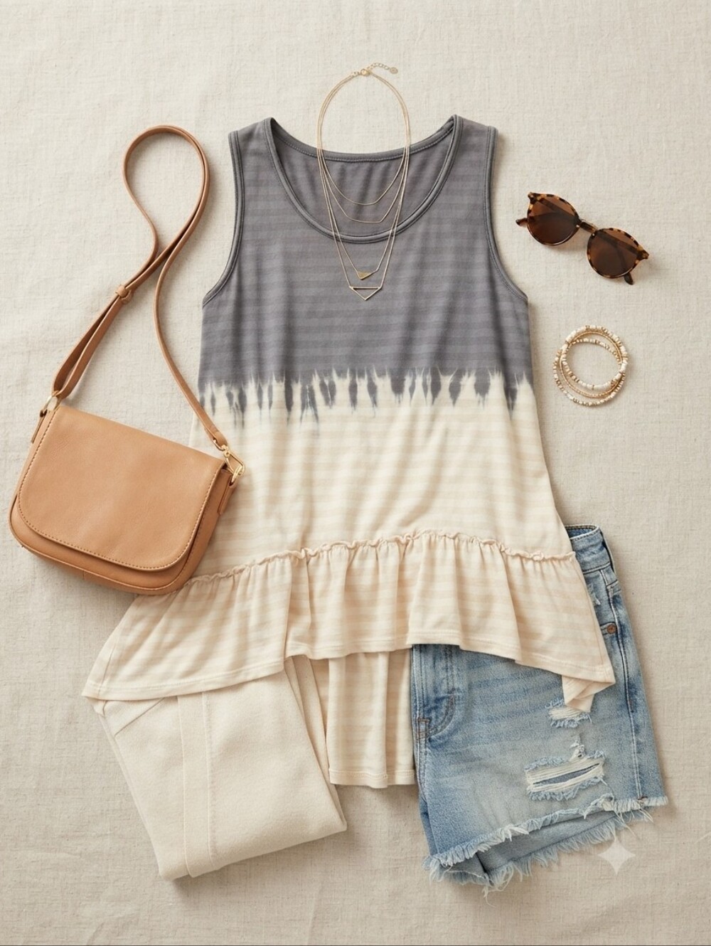 Gimmicks Tie Dye Striped Ruffle High Low Hem Tunic Top